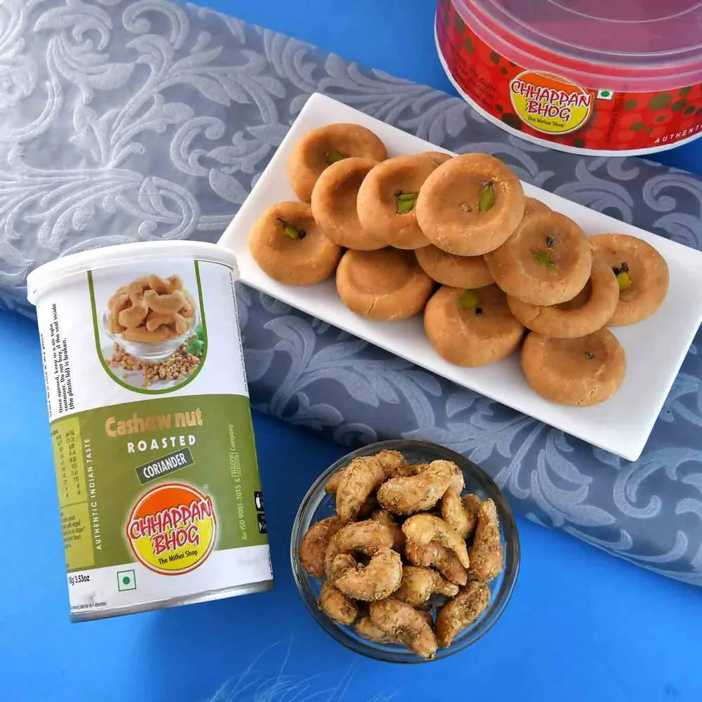 2 Kundan Flower Rakhis & Mathura Peda Hamper Combo
