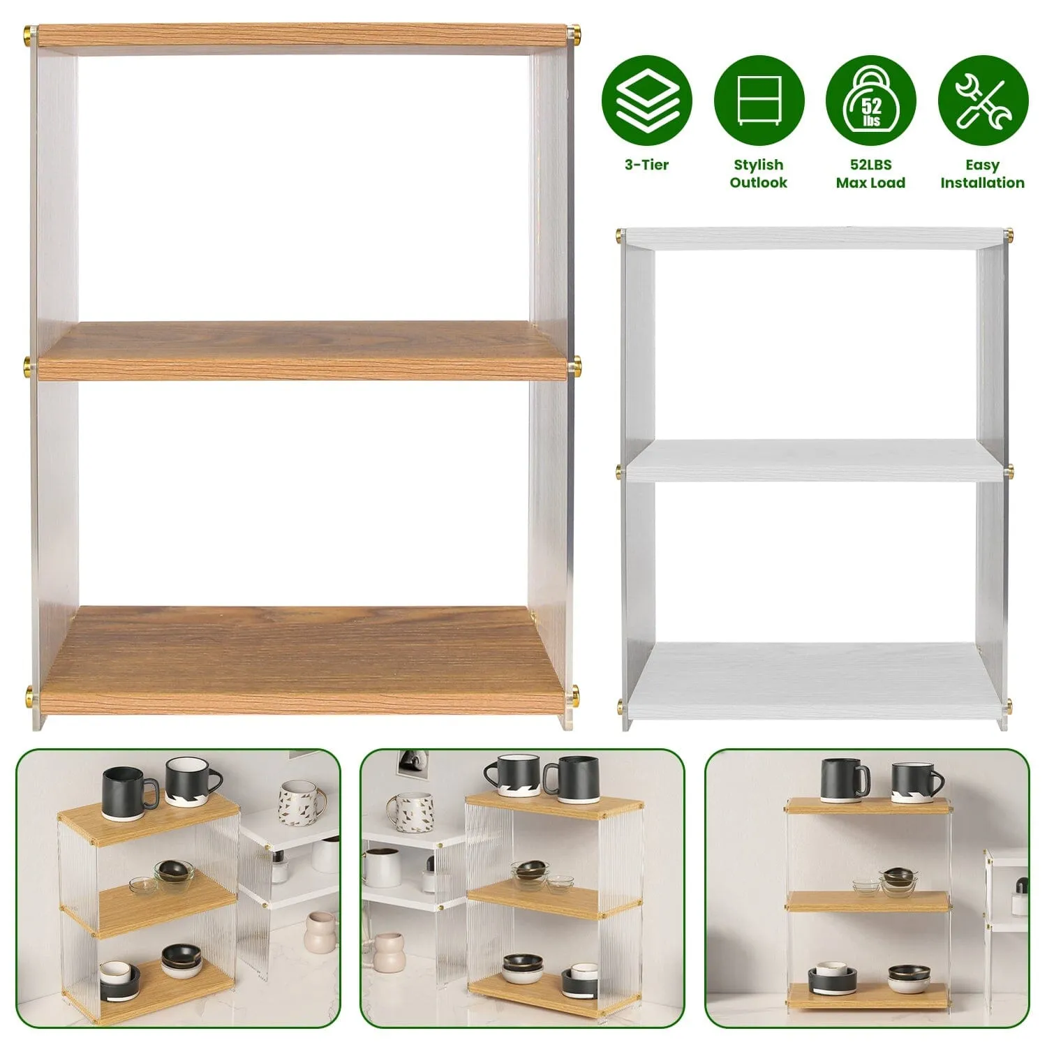 3-Tier: Acrylic Countertop Organizer Bathroom Wood Counter Storage