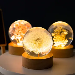 3D Dandelion Flowers Crystal Ball Lamp with Beech Wooden Base - Elegant Night Light