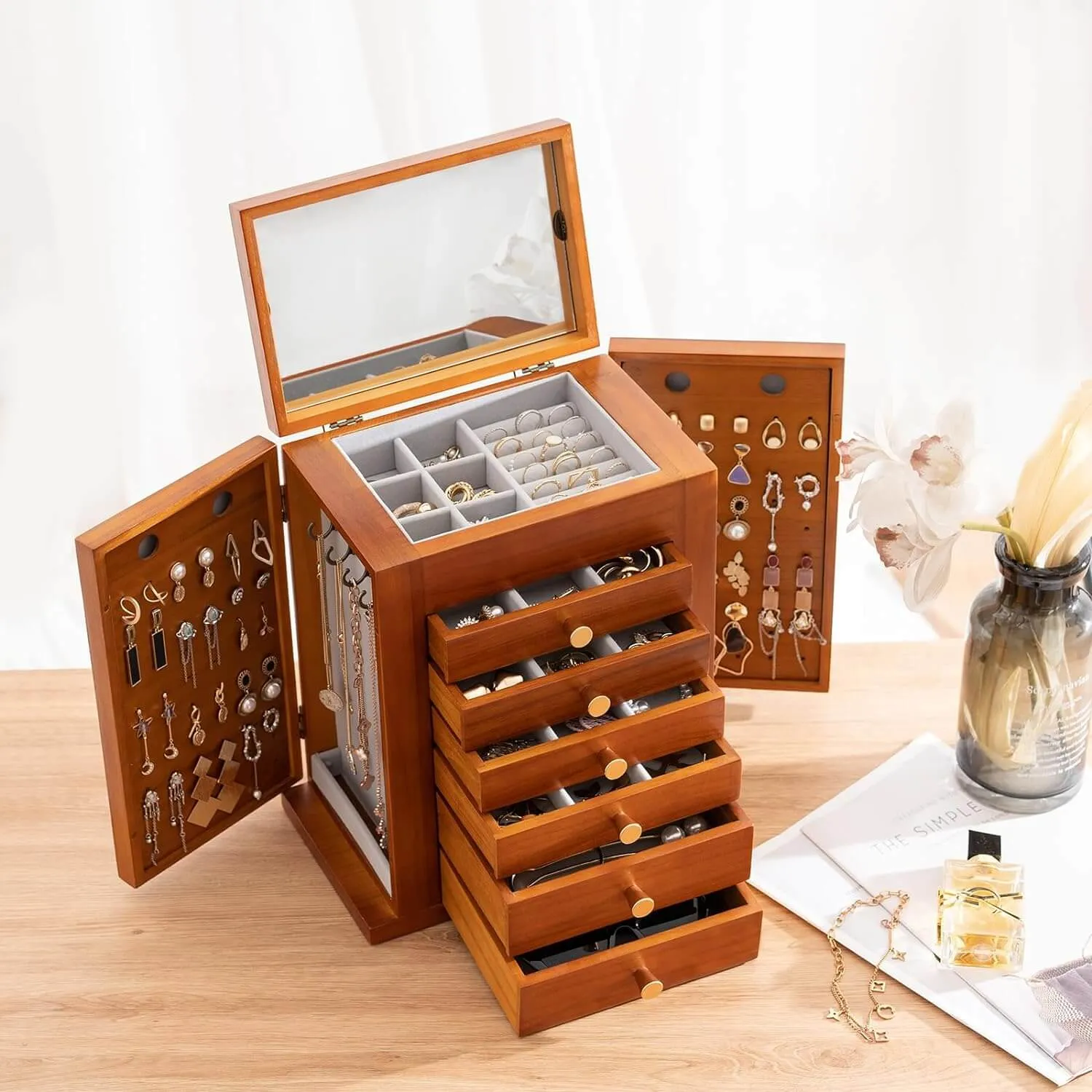 7-Layer Wooden Jewelry Box with Mirror | ProCase