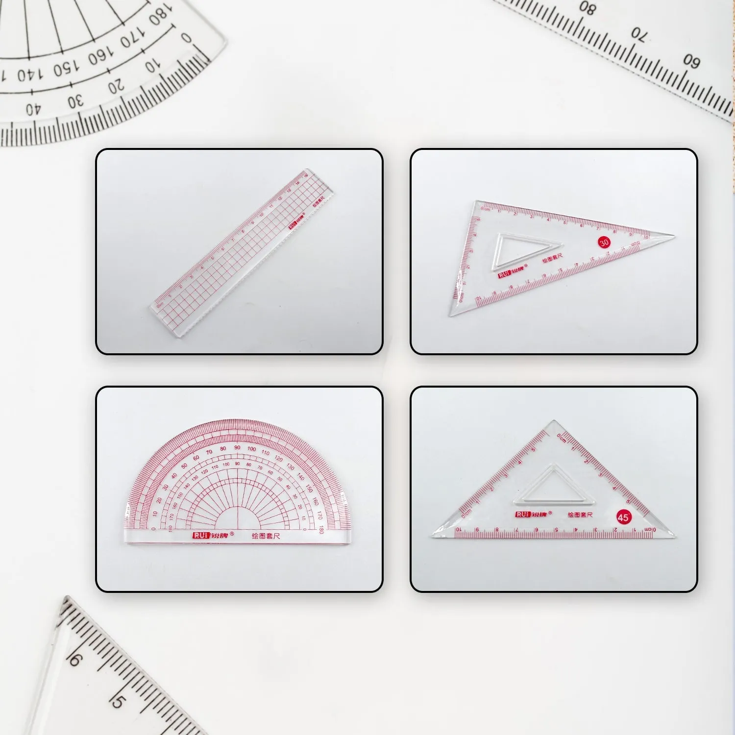 7911 4 Pcs Math Set for Kids and Students, Plastic Geometry Set with Ruler, Protractor and Squares, School Supplies