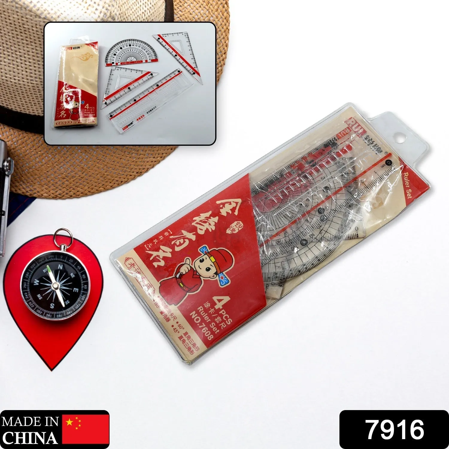 7916 Map Measuring Tool Set with Protractor 30 / 60 45 Degree Triangle Ruler 16 cm Straight Ruler Plastic