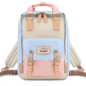 Blue, Beige & Pink Large 14.9-inch Waterproof Vintage Travel Backpack / Laptop Case