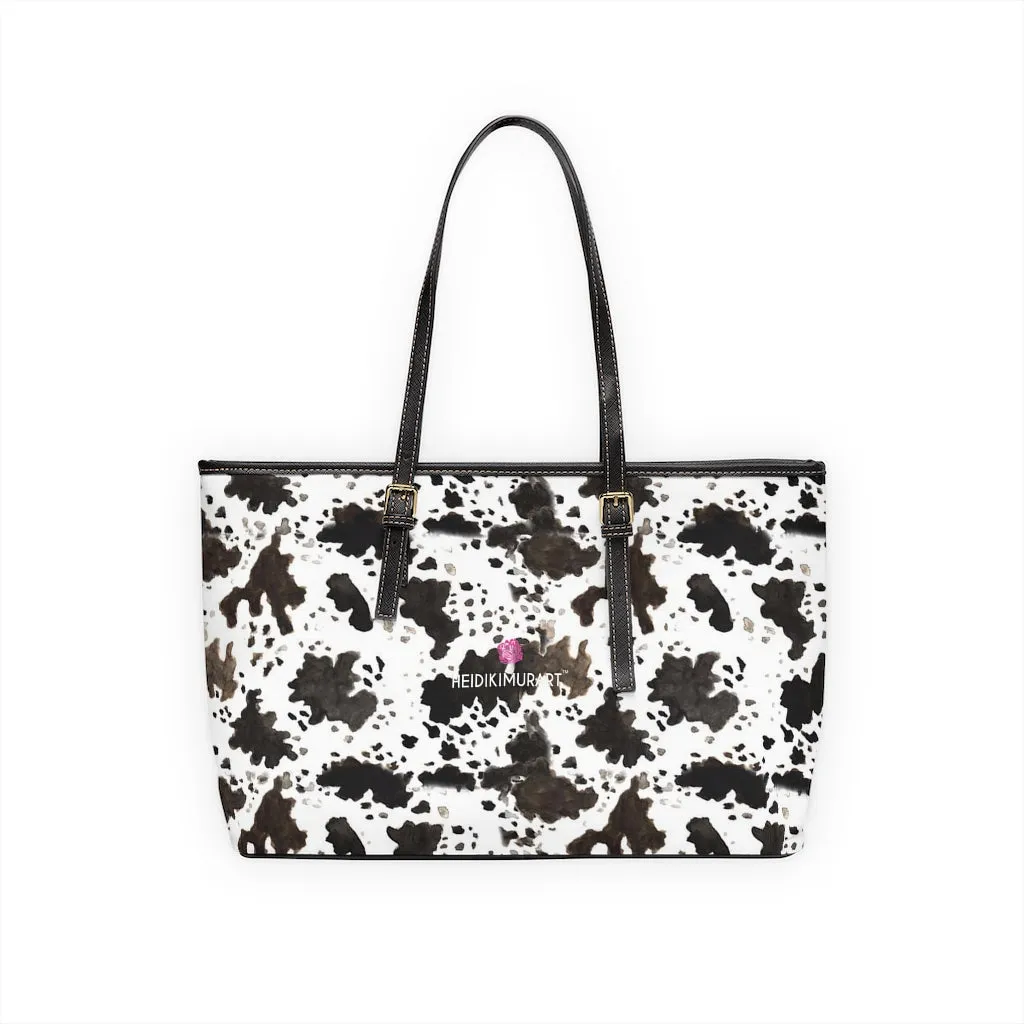 Brown Cow Print Tote Bag, Sleek Designer PU Leather Shoulder Hand Work Bag 17"x11"/ 16"x10"