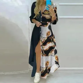Button Fashion Print Long Sleeve Shirt Charming Dress Women
