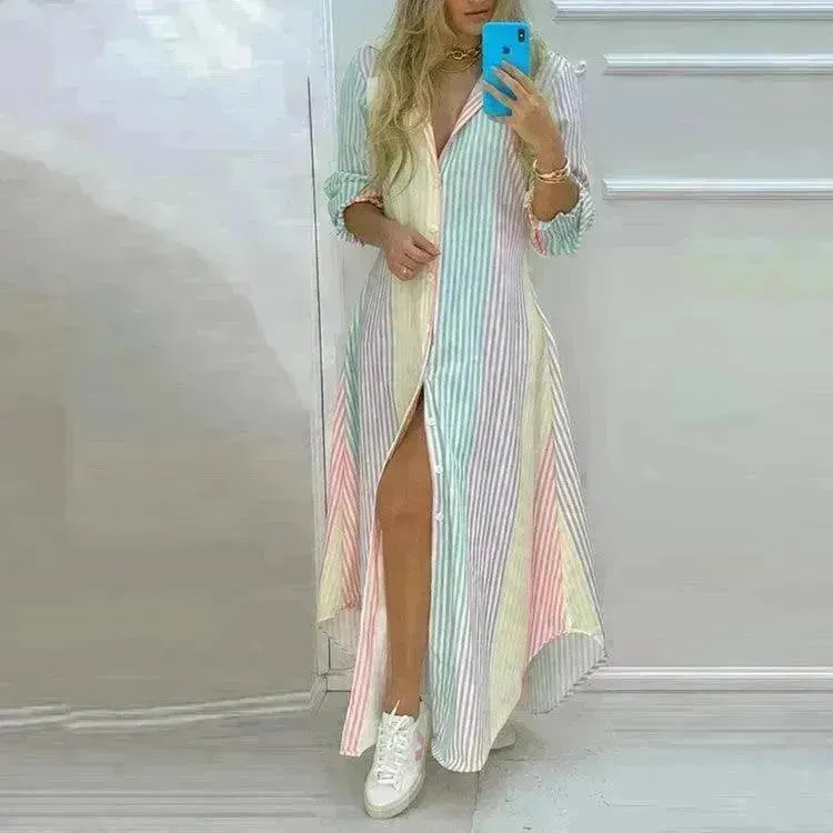 Button Fashion Print Long Sleeve Shirt Charming Dress Women