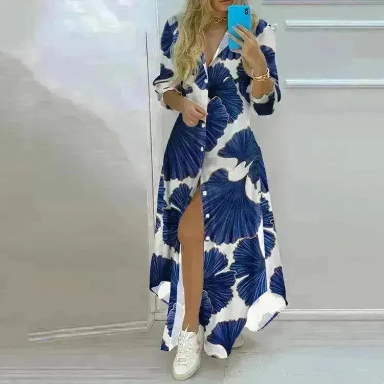 Button Fashion Print Long Sleeve Shirt Charming Dress Women