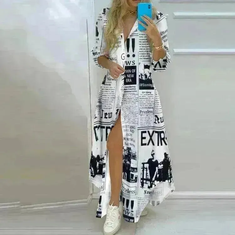 Button Fashion Print Long Sleeve Shirt Charming Dress Women