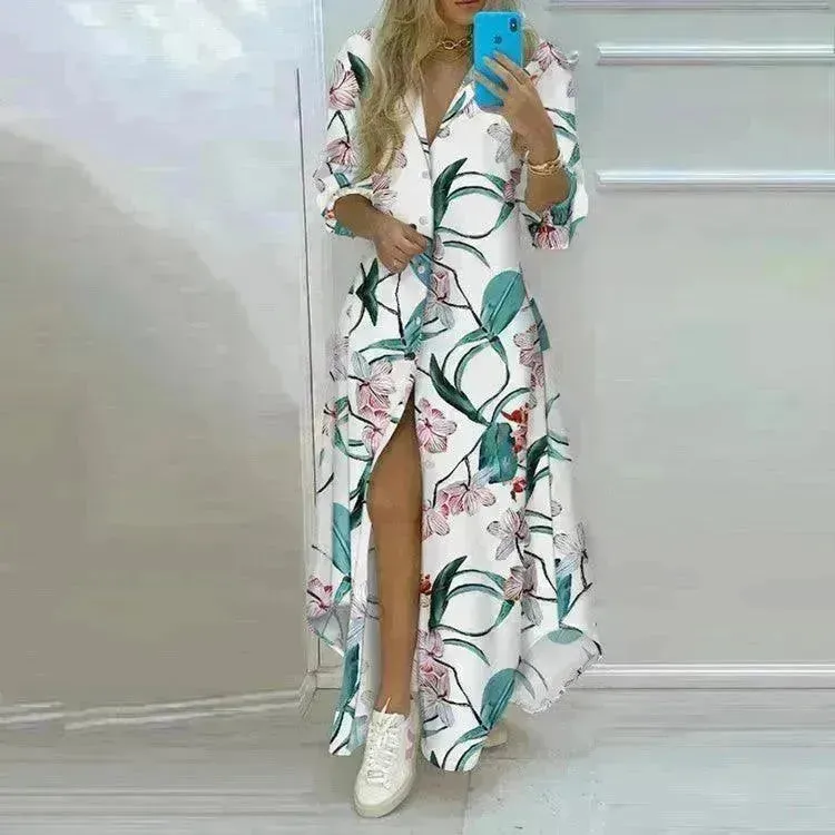 Button Fashion Print Long Sleeve Shirt Charming Dress Women
