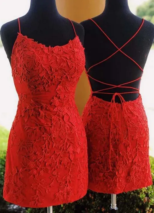 Charming Lace Appliqued Criss-Cross Short Homecoming Dresses, HDS0074