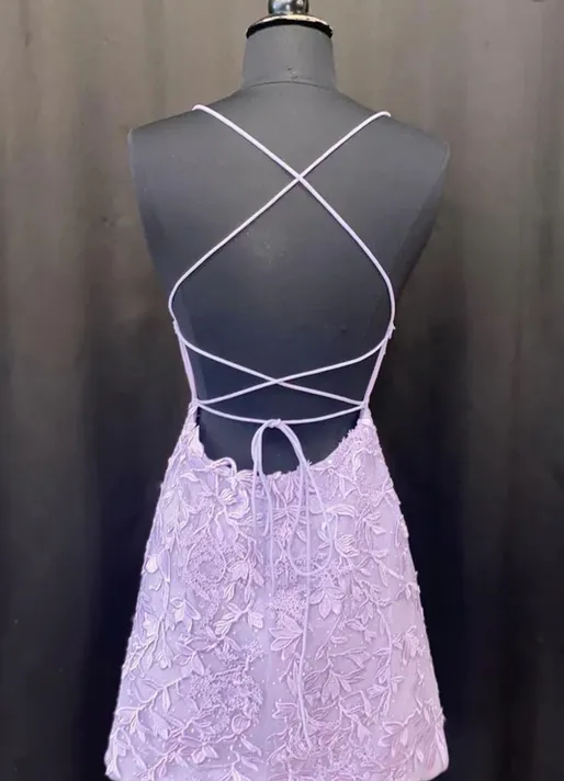 Charming Lace Appliqued Criss-Cross Short Homecoming Dresses, HDS0074