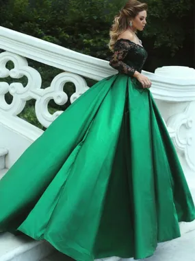 Charming Off Shoulder Black Appliques Green Satin Ball Gown Prom Gown Dresses,PD00047
