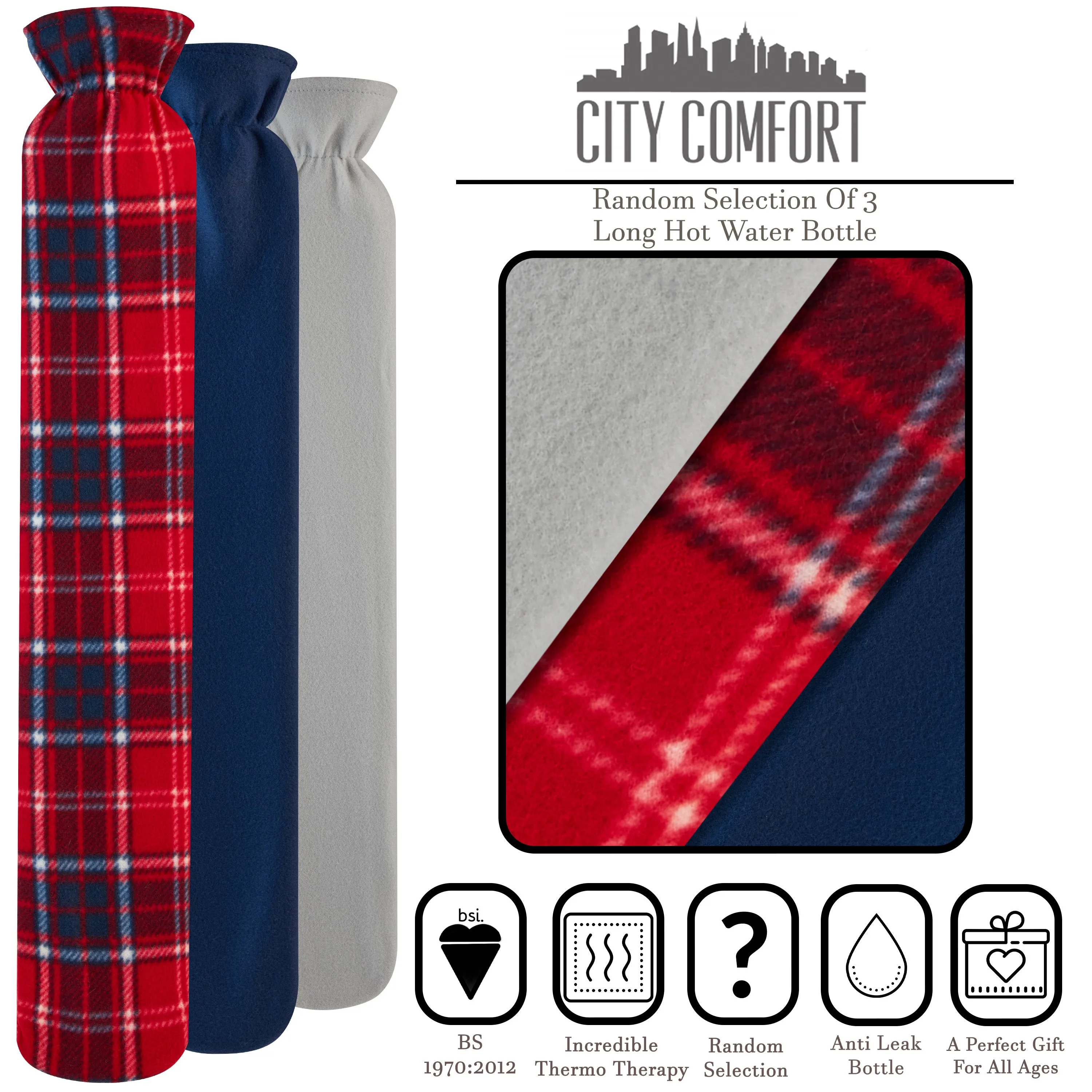 Extra Long Hot Water Bottle with Soft Fleece Cover - Random Selection