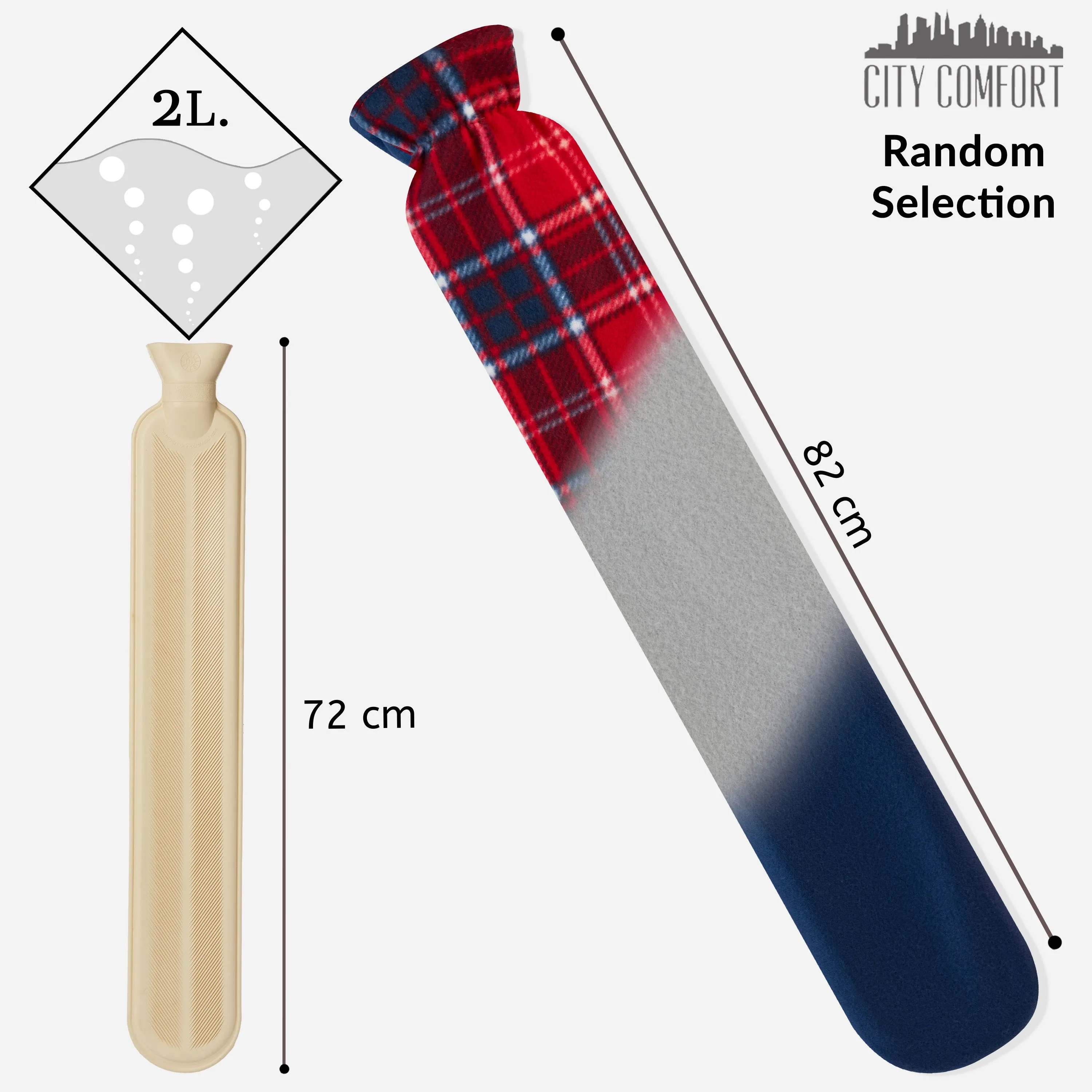 Extra Long Hot Water Bottle with Soft Fleece Cover - Random Selection