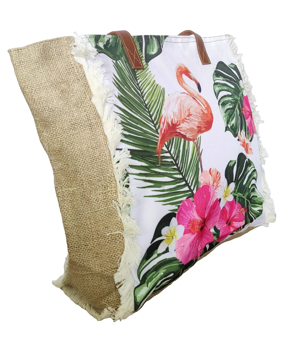 Fashion Accessory. Handbag.  Large Floral Flamingo Print Tote Jute Bag with Fringes and Matching Pouch.