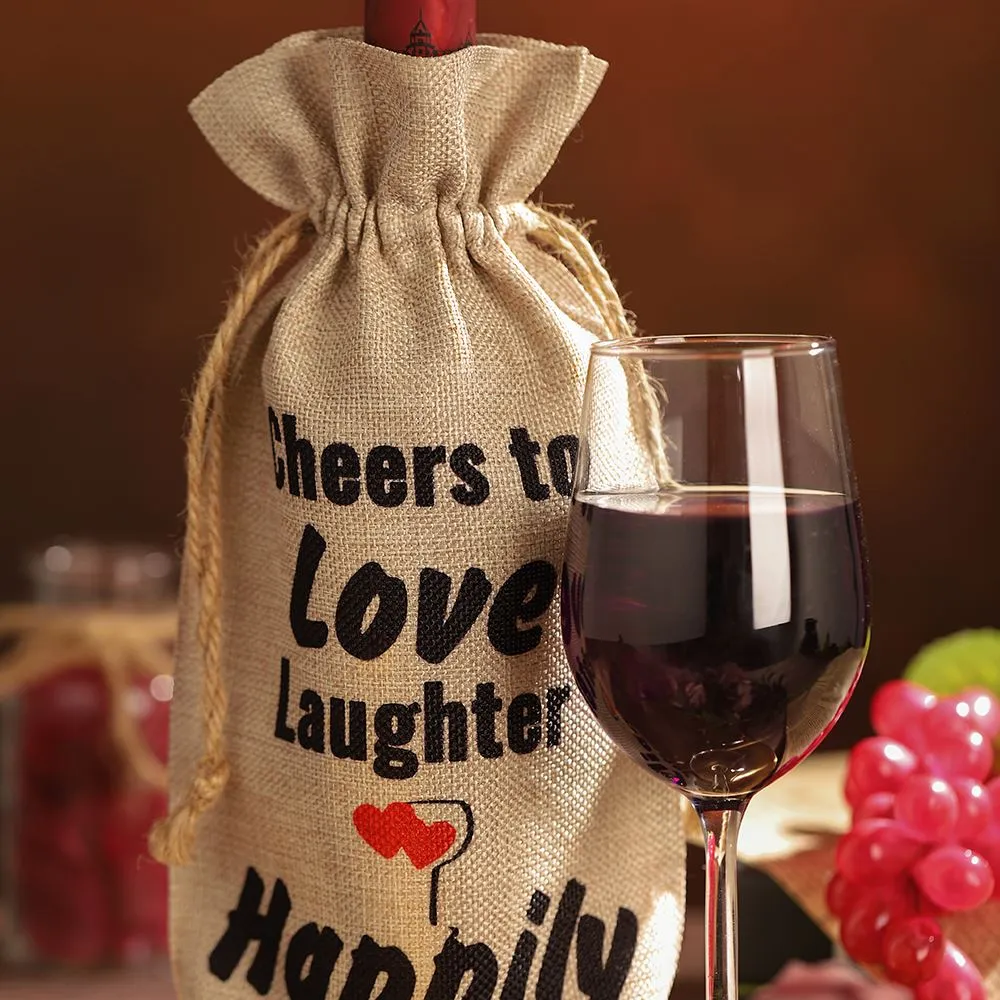 Faux Burlap Drawstring Bottle Bag - 17 x 34 cm