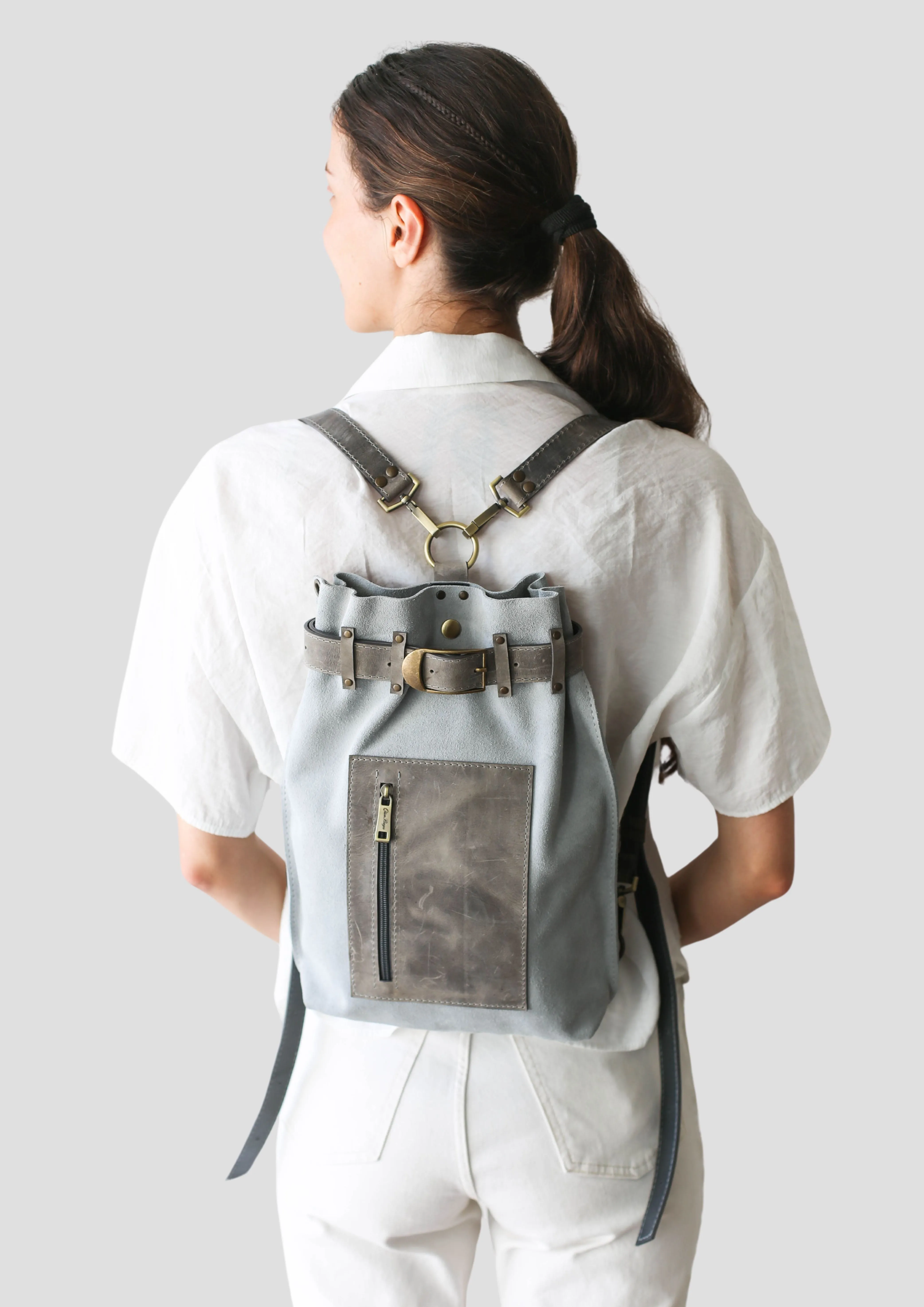 Gray Suede Sling Backpack