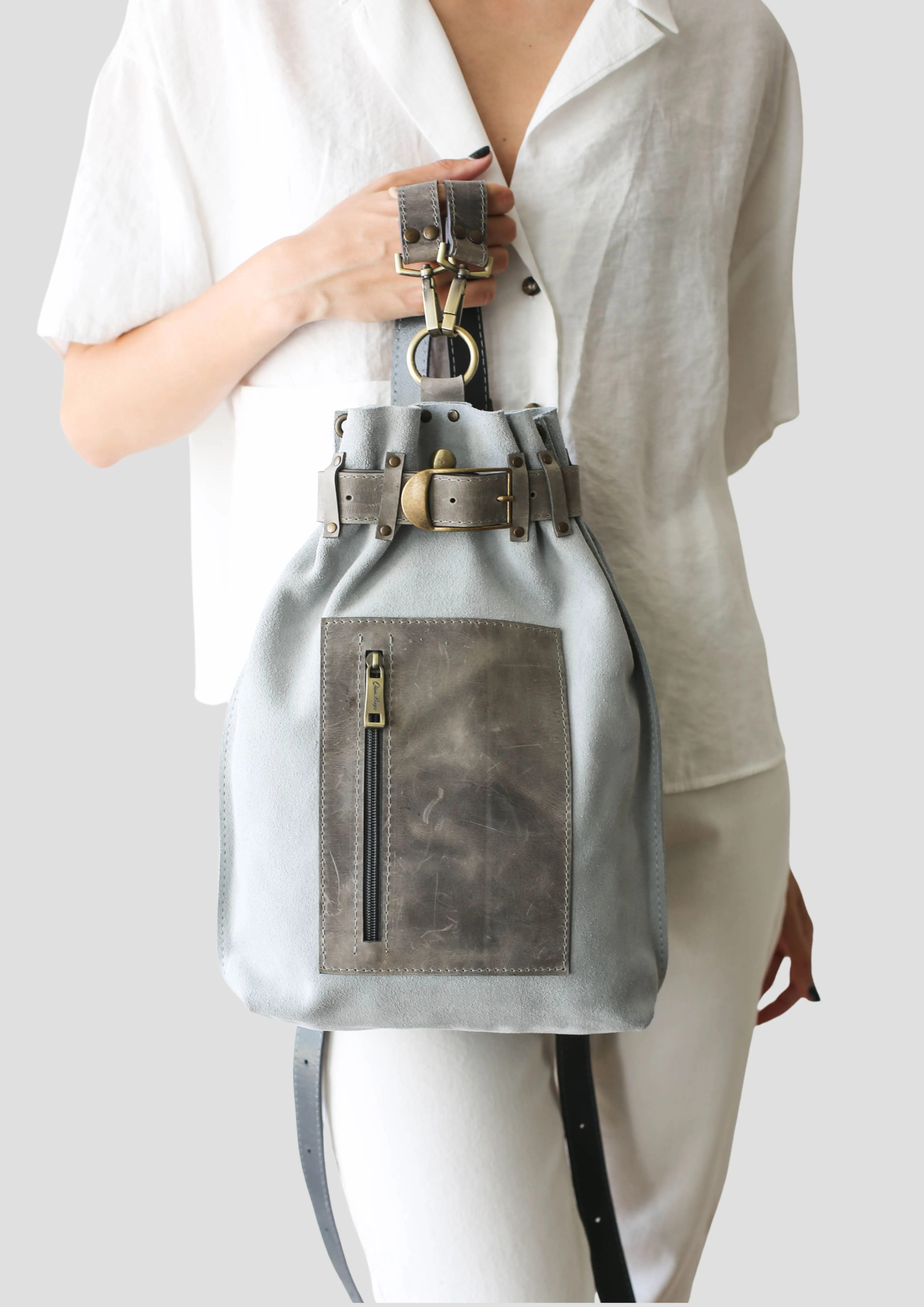 Gray Suede Sling Backpack