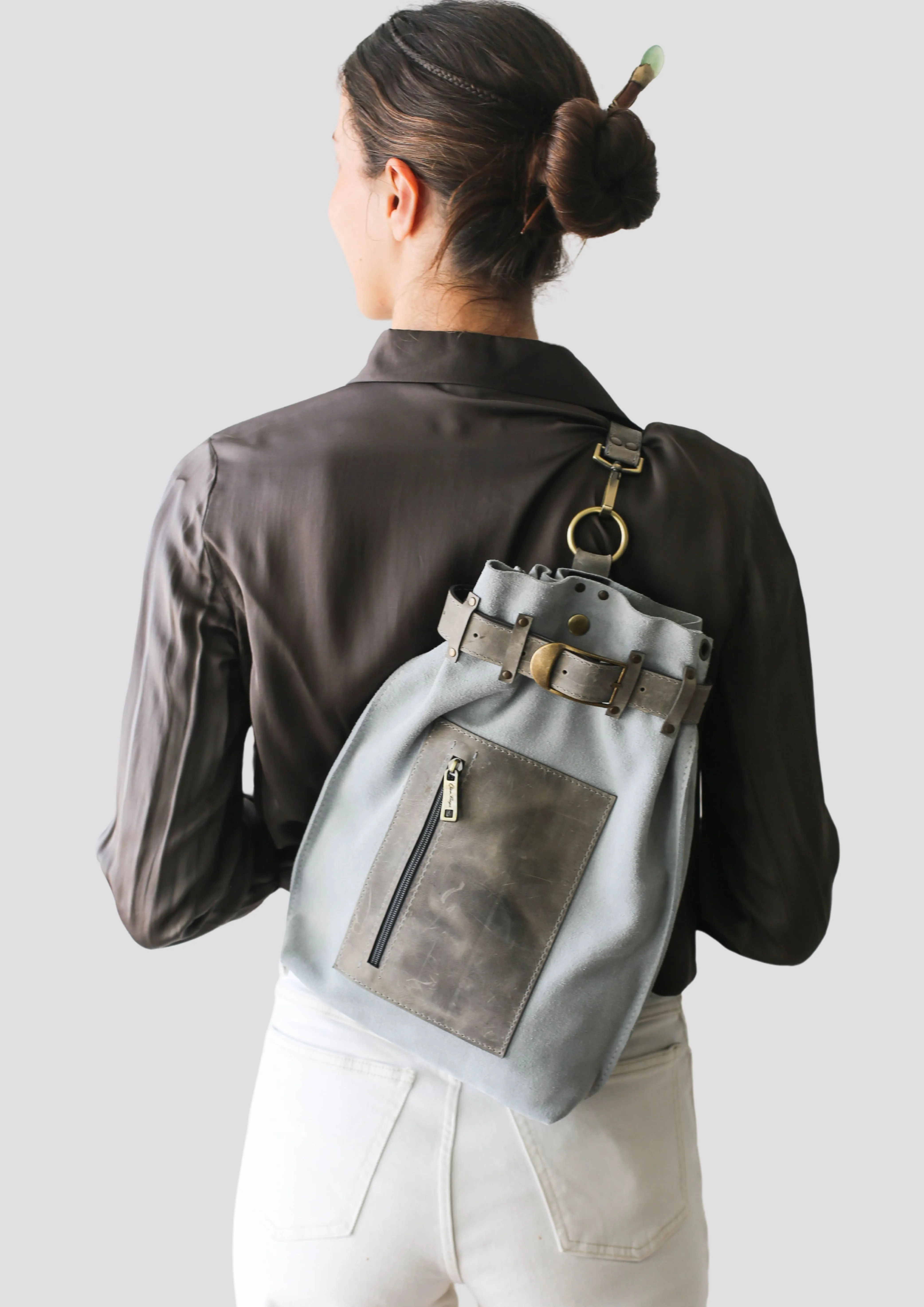 Gray Suede Sling Backpack