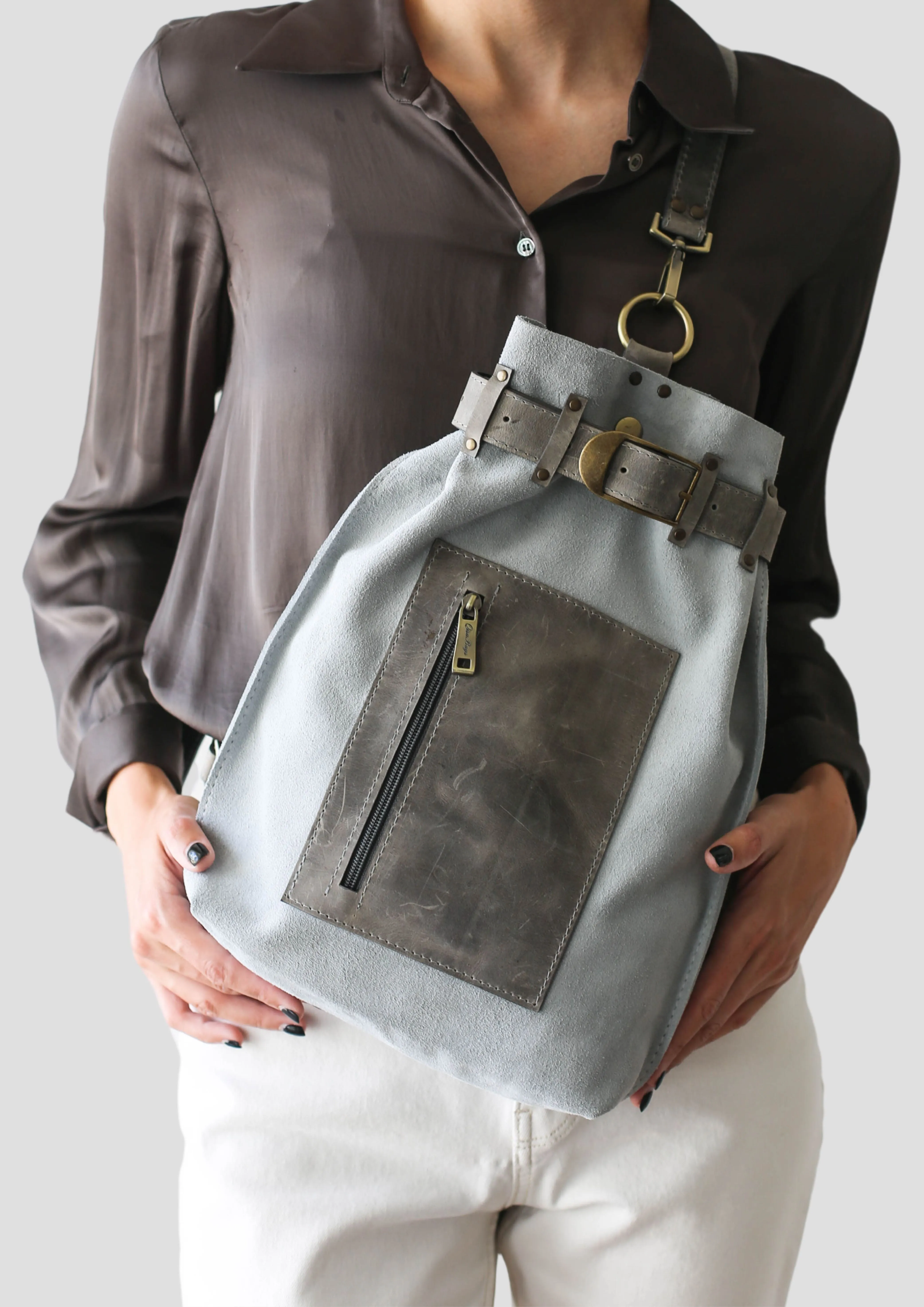 Gray Suede Sling Backpack