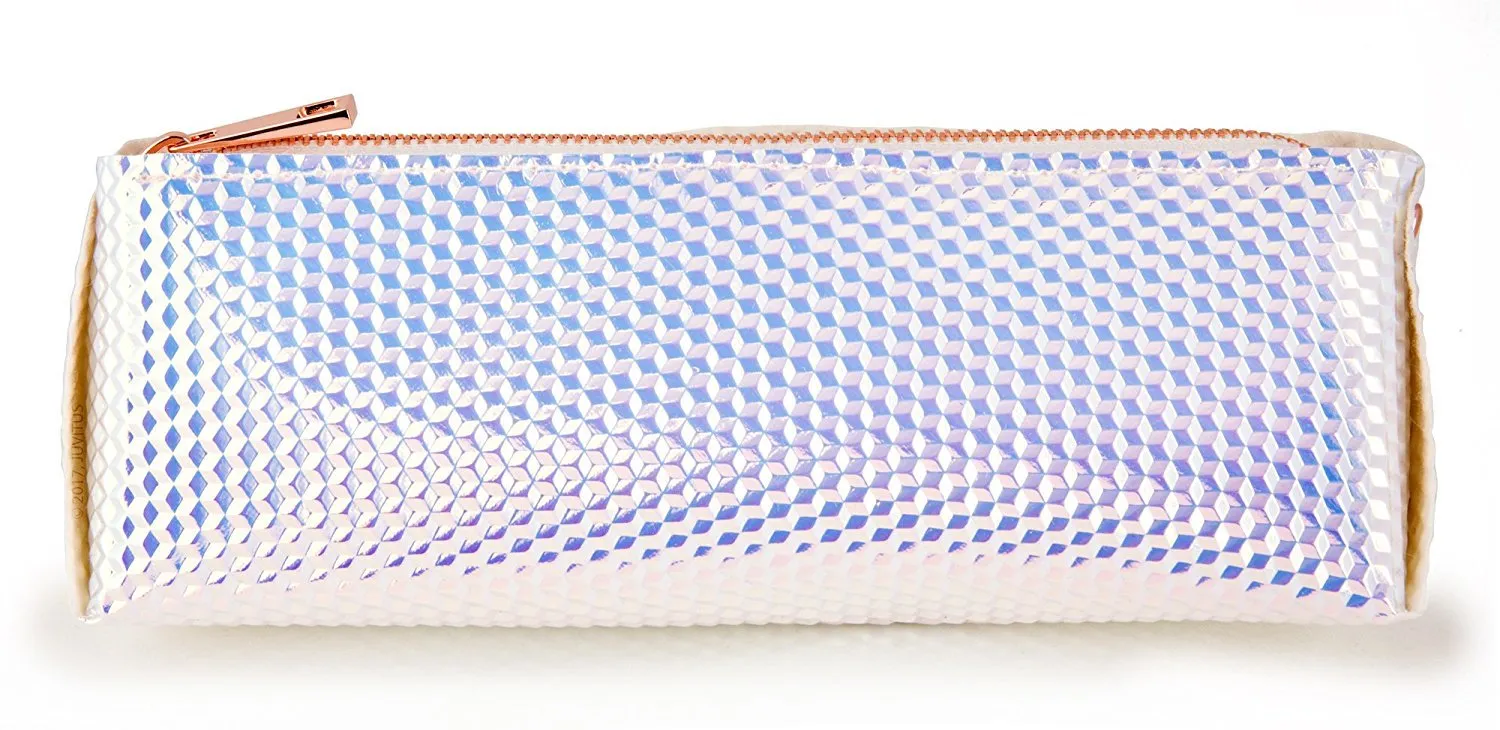 Holographic Makeup Brush and Cosmetic Bag Made of Iridescent Pebbled Vegan Faux Leather with Top Zipper (JB75)