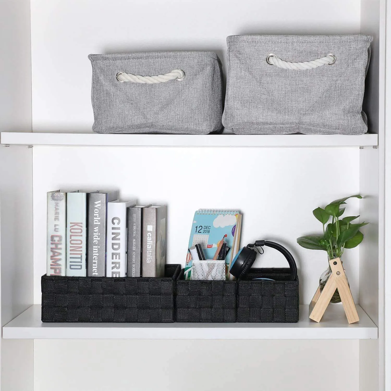 KEDSUM Woven Storage Box Cube Basket Bin Container - Tote Cube Organizer Divider for Drawer, Closet, Shelf, Dresser, Set of 4 (Black)