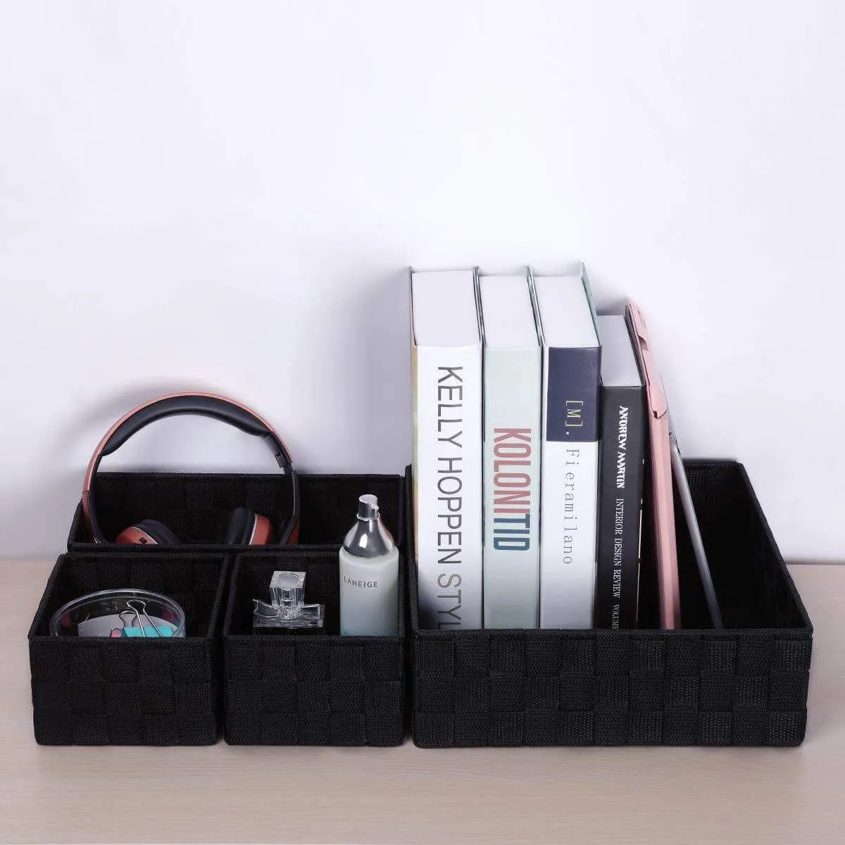 KEDSUM Woven Storage Box Cube Basket Bin Container - Tote Cube Organizer Divider for Drawer, Closet, Shelf, Dresser, Set of 4 (Black)