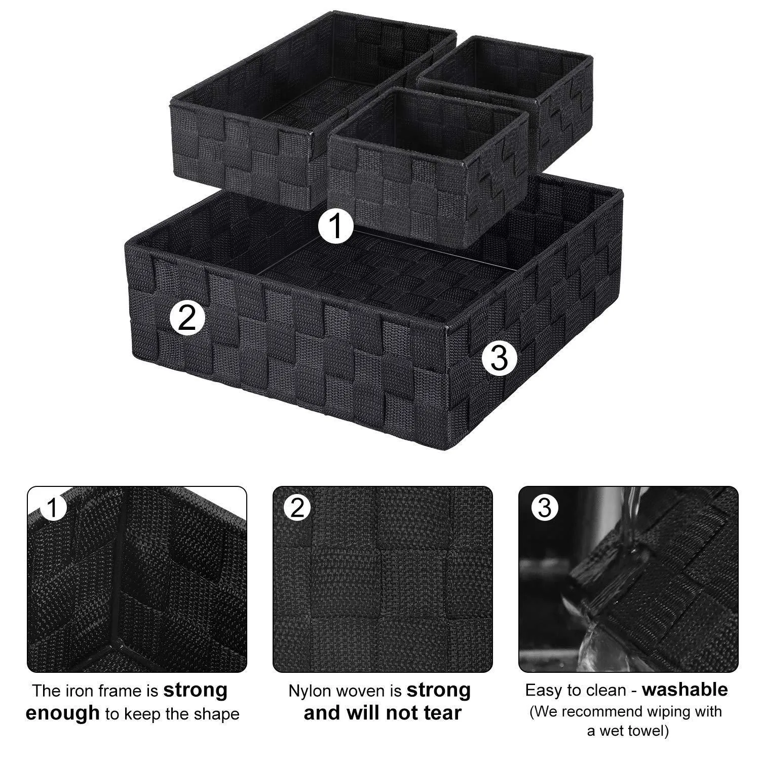 KEDSUM Woven Storage Box Cube Basket Bin Container - Tote Cube Organizer Divider for Drawer, Closet, Shelf, Dresser, Set of 4 (Black)