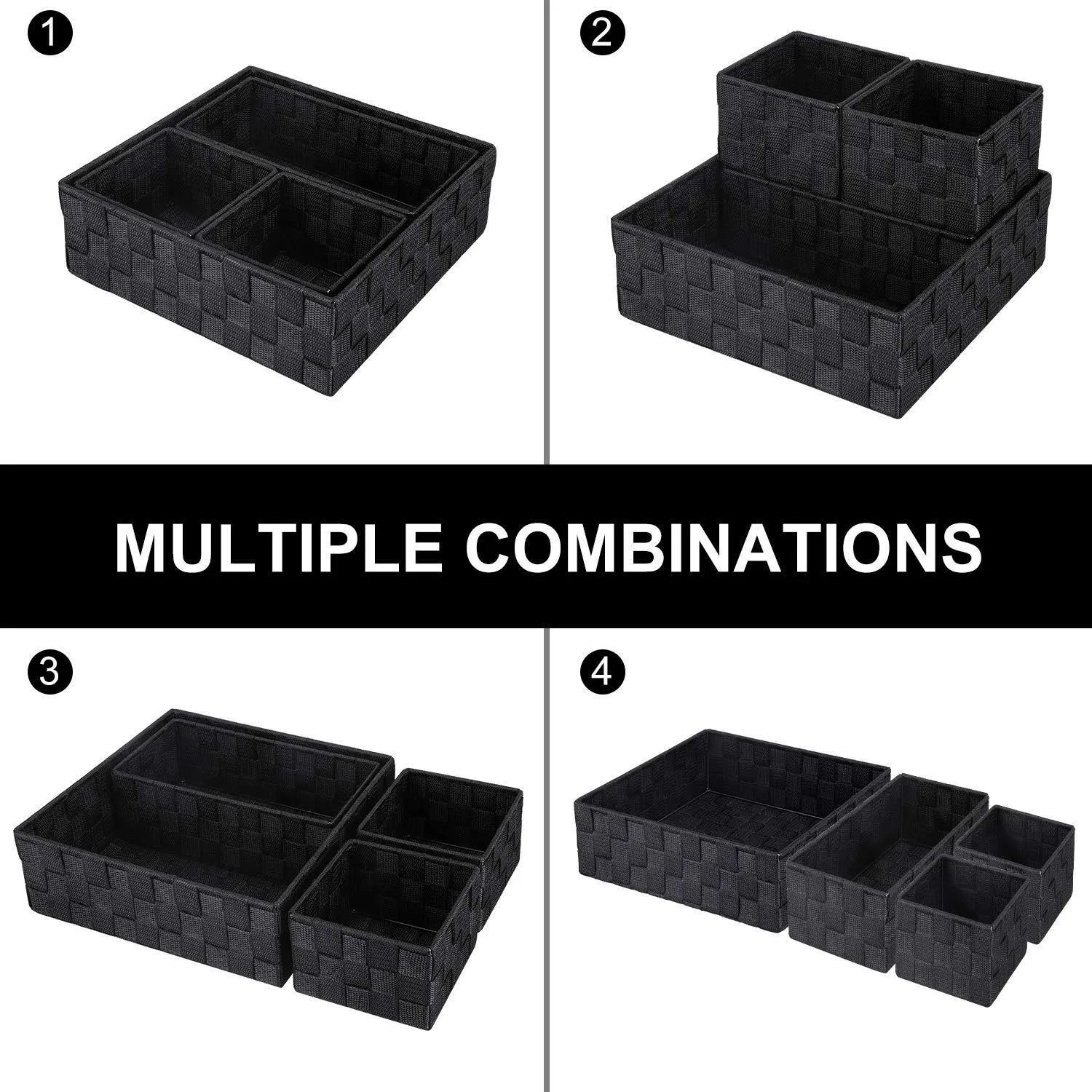 KEDSUM Woven Storage Box Cube Basket Bin Container - Tote Cube Organizer Divider for Drawer, Closet, Shelf, Dresser, Set of 4 (Black)
