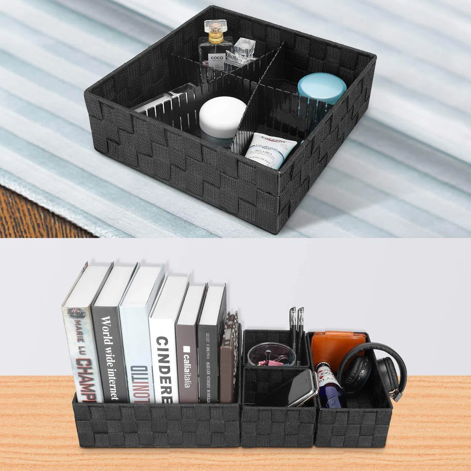 KEDSUM Woven Storage Box Cube Basket Bin Container - Tote Cube Organizer Divider for Drawer, Closet, Shelf, Dresser, Set of 4 (Black)