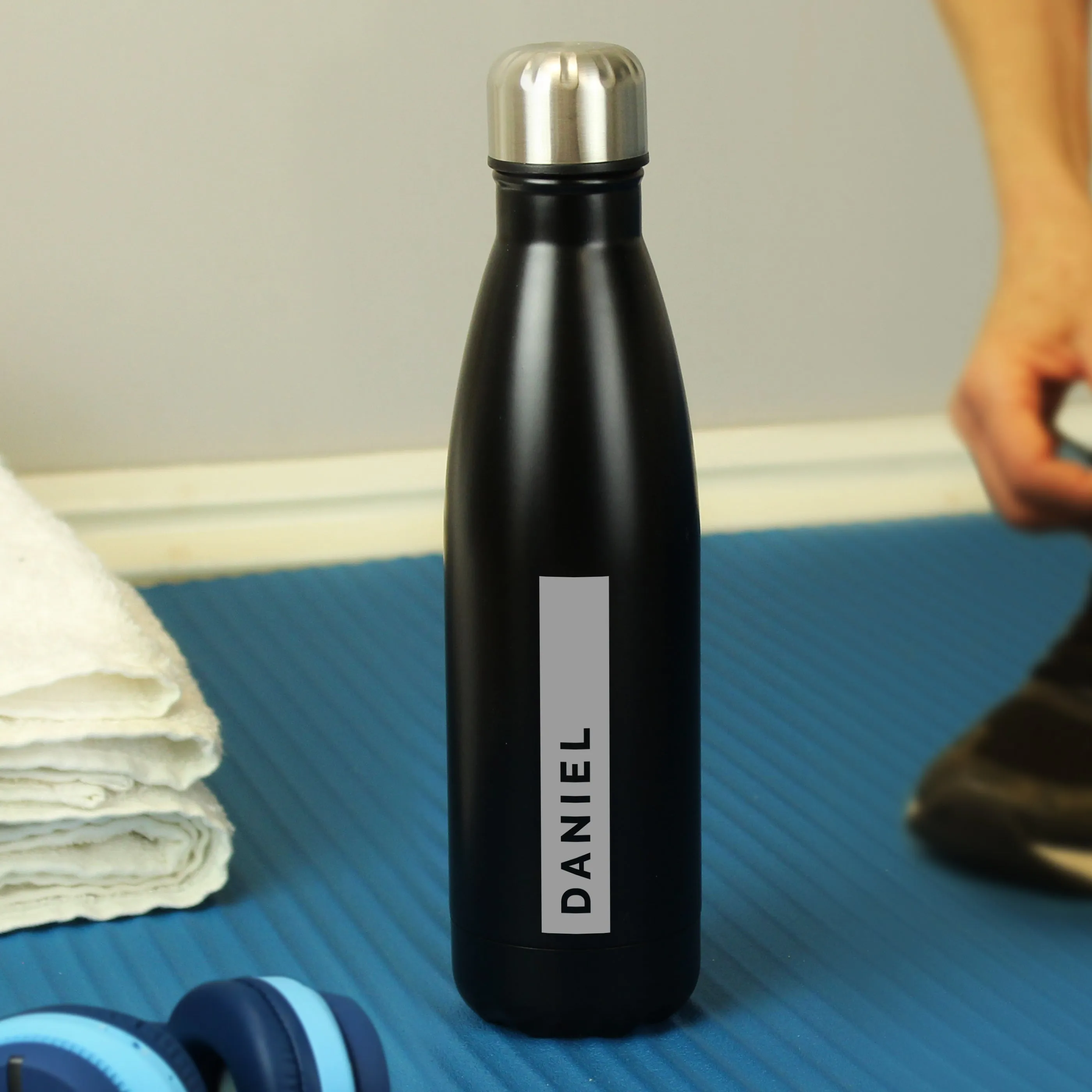 Personalised Rectangle Black Metal Insulated Drinks Bottle