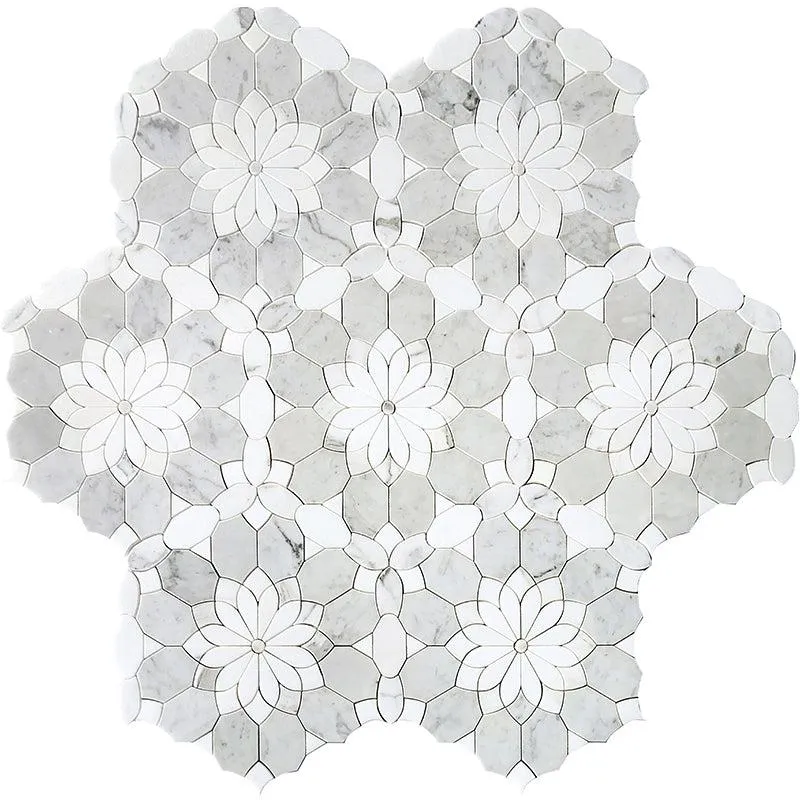 Santorini Gray & White Floral Marble Mosaic Tile