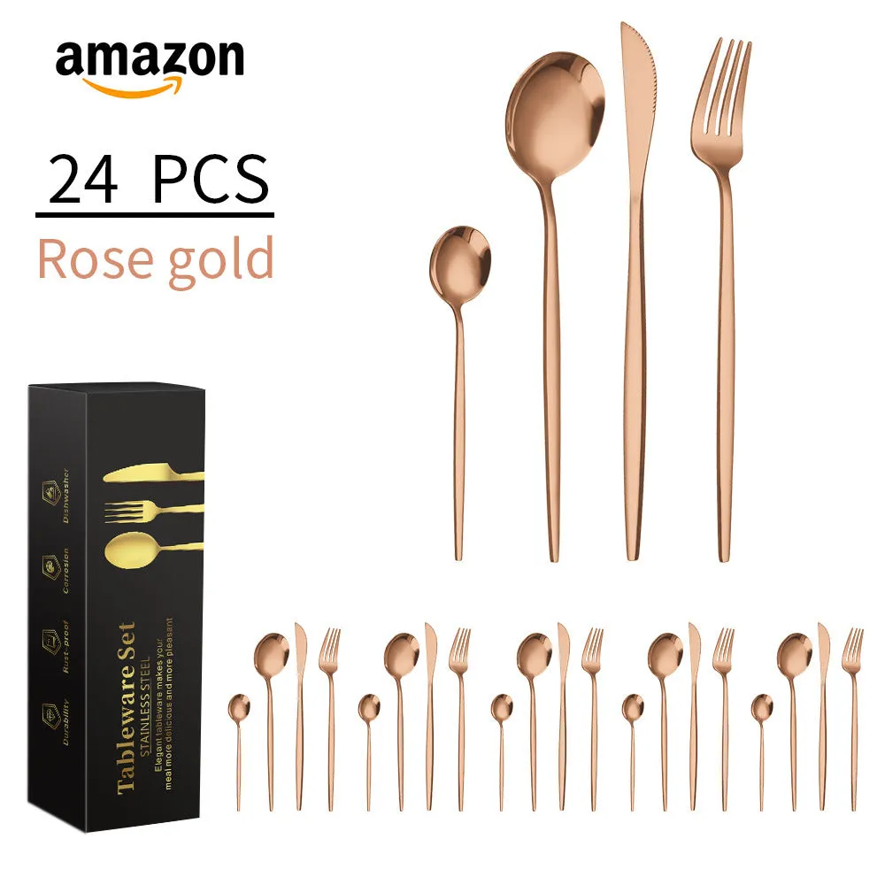 Stainless Steel Knife, Fork and Spoon 4-Piece Portuguese Stainless Steel Western Food Knife, Fork and Spoon 24-Piece Gift Box