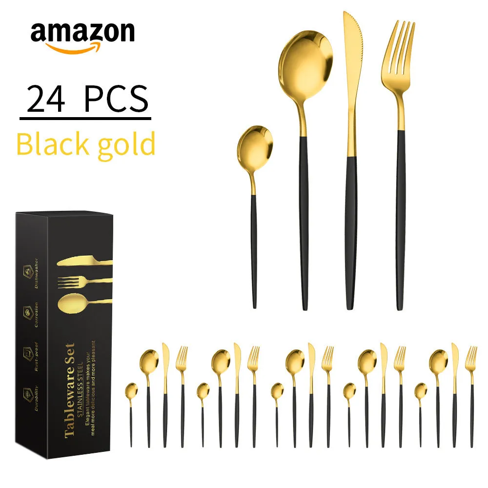 Stainless Steel Knife, Fork and Spoon 4-Piece Portuguese Stainless Steel Western Food Knife, Fork and Spoon 24-Piece Gift Box