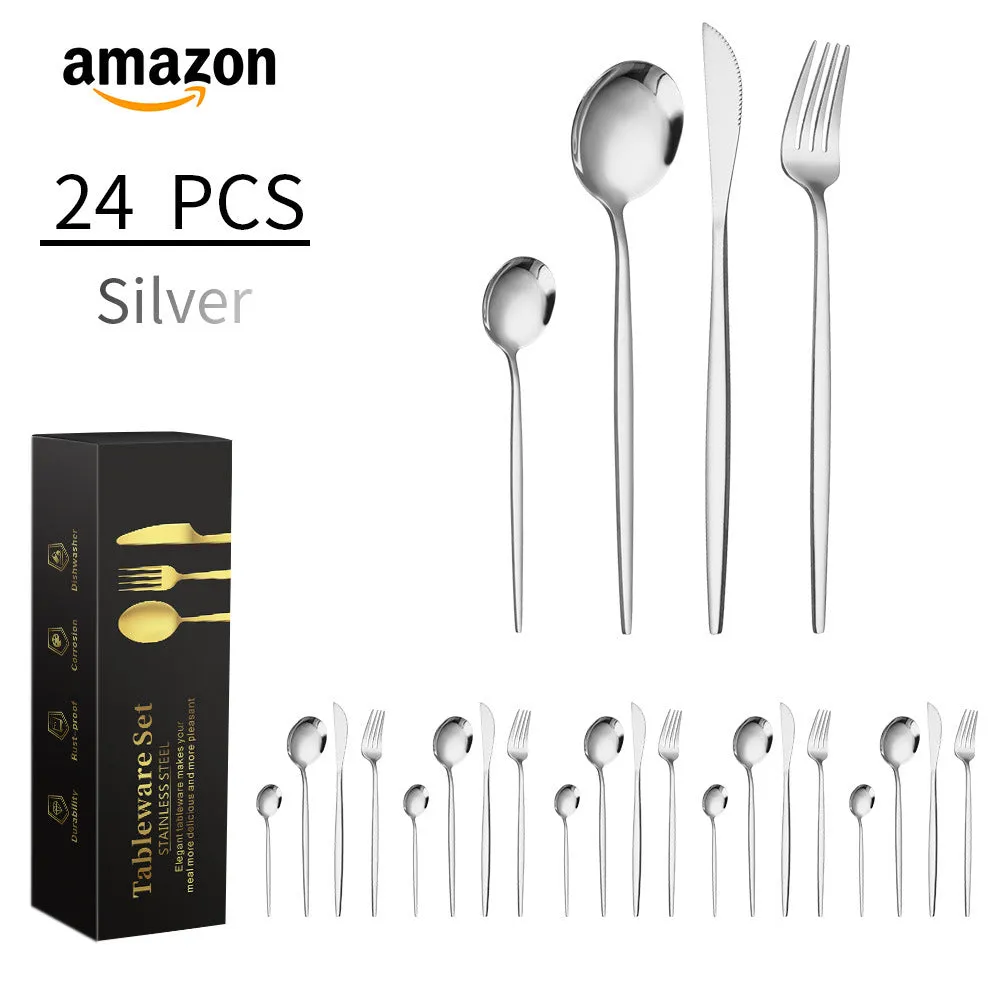 Stainless Steel Knife, Fork and Spoon 4-Piece Portuguese Stainless Steel Western Food Knife, Fork and Spoon 24-Piece Gift Box