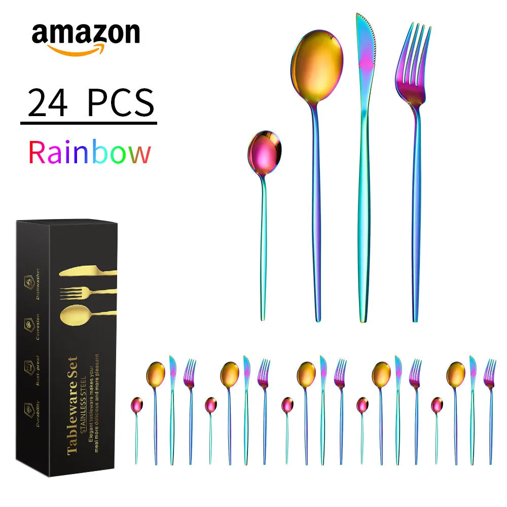 Stainless Steel Knife, Fork and Spoon 4-Piece Portuguese Stainless Steel Western Food Knife, Fork and Spoon 24-Piece Gift Box