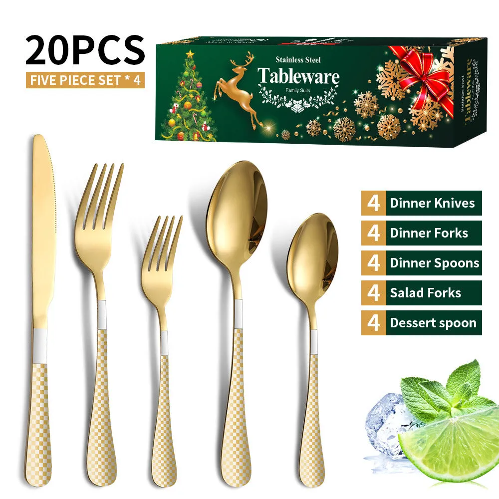 Stainless Steel Tableware Set Plaid Handle Knife, Fork and Spoon Christmas Tableware Gift Box 20-Piece Set