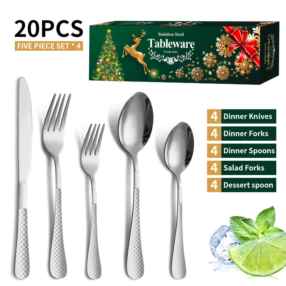 Stainless Steel Tableware Set Plaid Handle Knife, Fork and Spoon Christmas Tableware Gift Box 20-Piece Set