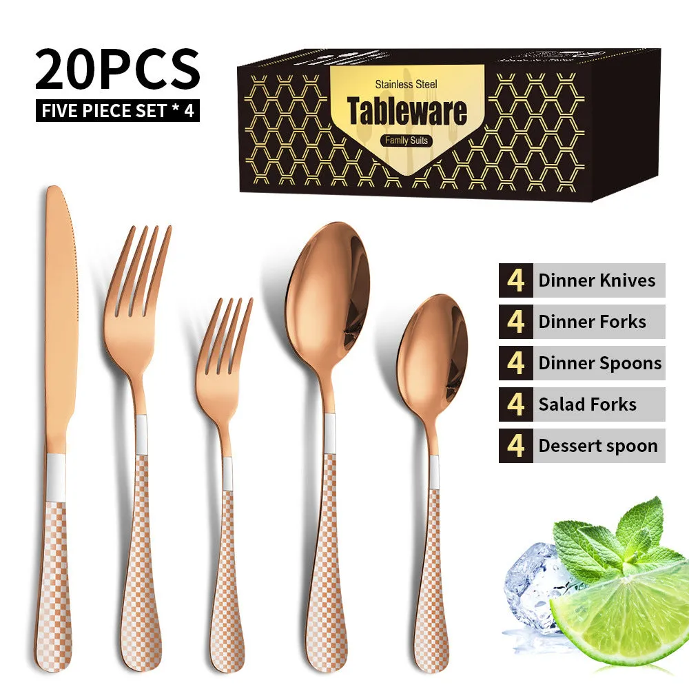 Stainless Steel Tableware Set Plaid Handle Knife, Fork and Spoon Christmas Tableware Gift Box 20-Piece Set