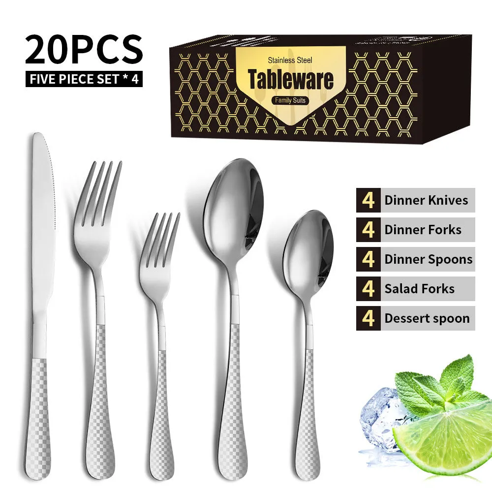 Stainless Steel Tableware Set Plaid Handle Knife, Fork and Spoon Christmas Tableware Gift Box 20-Piece Set