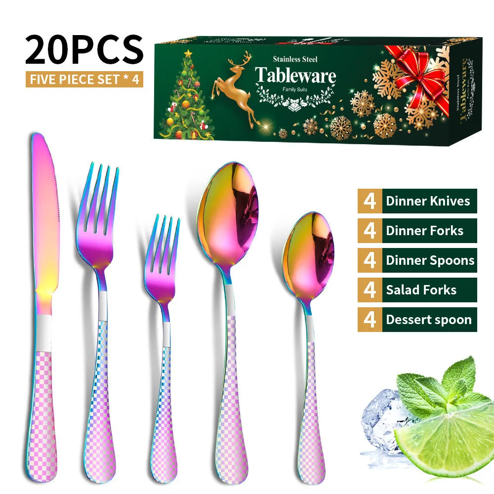 Stainless Steel Tableware Set Plaid Handle Knife, Fork and Spoon Christmas Tableware Gift Box 20-Piece Set