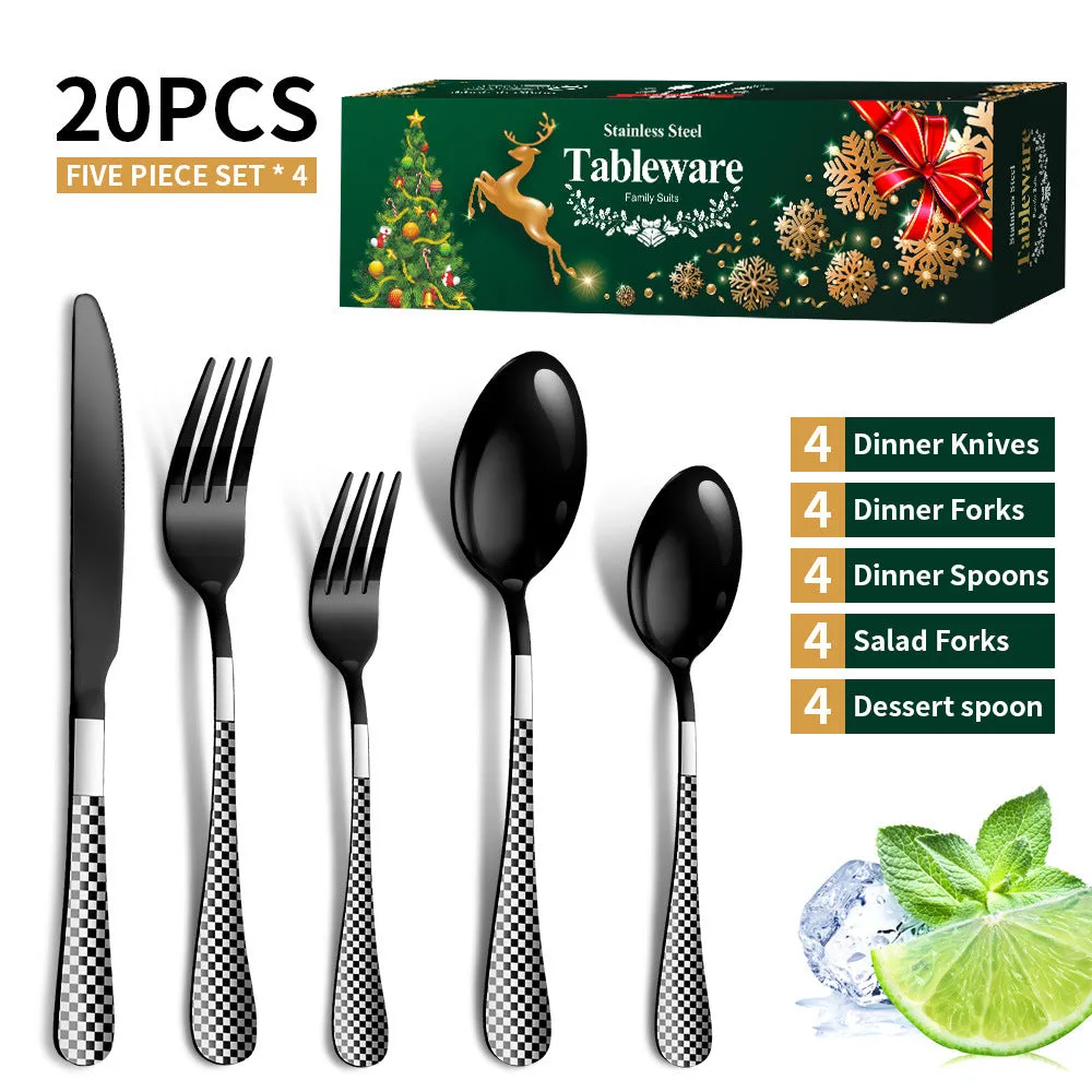 Stainless Steel Tableware Set Plaid Handle Knife, Fork and Spoon Christmas Tableware Gift Box 20-Piece Set
