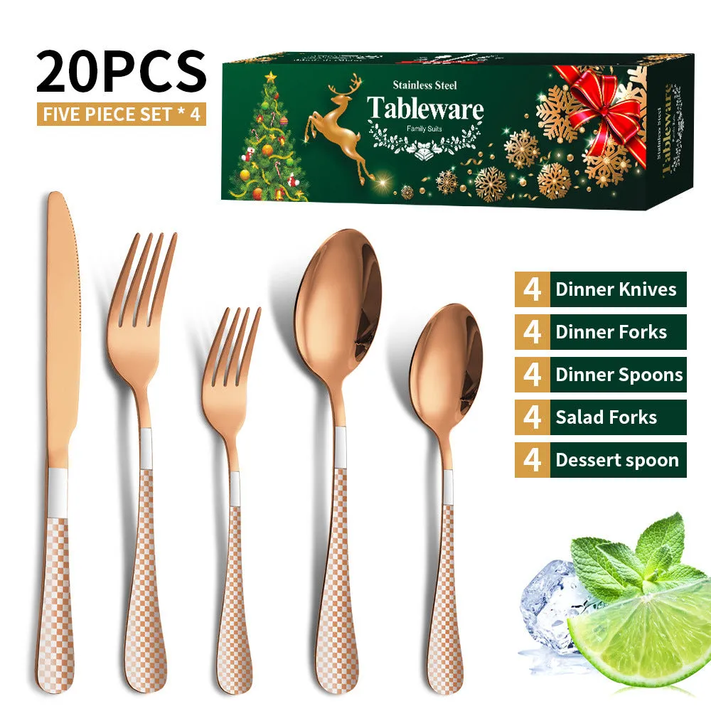 Stainless Steel Tableware Set Plaid Handle Knife, Fork and Spoon Christmas Tableware Gift Box 20-Piece Set