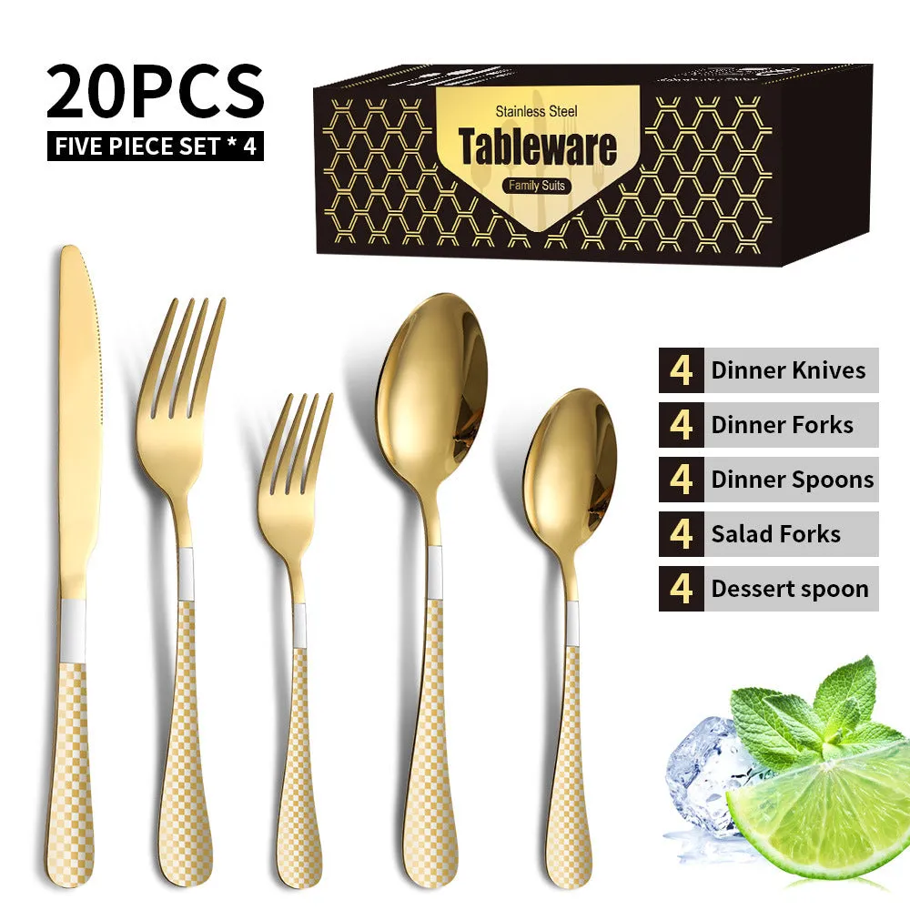 Stainless Steel Tableware Set Plaid Handle Knife, Fork and Spoon Christmas Tableware Gift Box 20-Piece Set