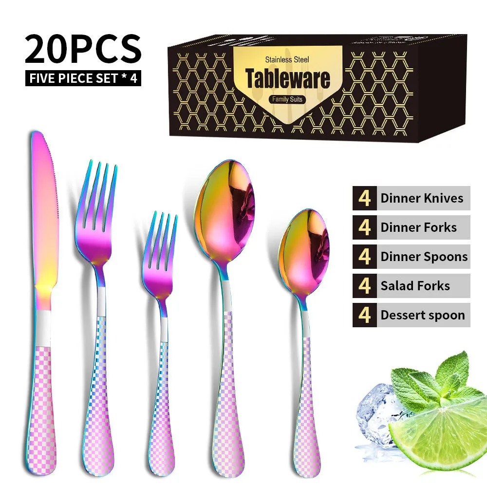 Stainless Steel Tableware Set Plaid Handle Knife, Fork and Spoon Christmas Tableware Gift Box 20-Piece Set
