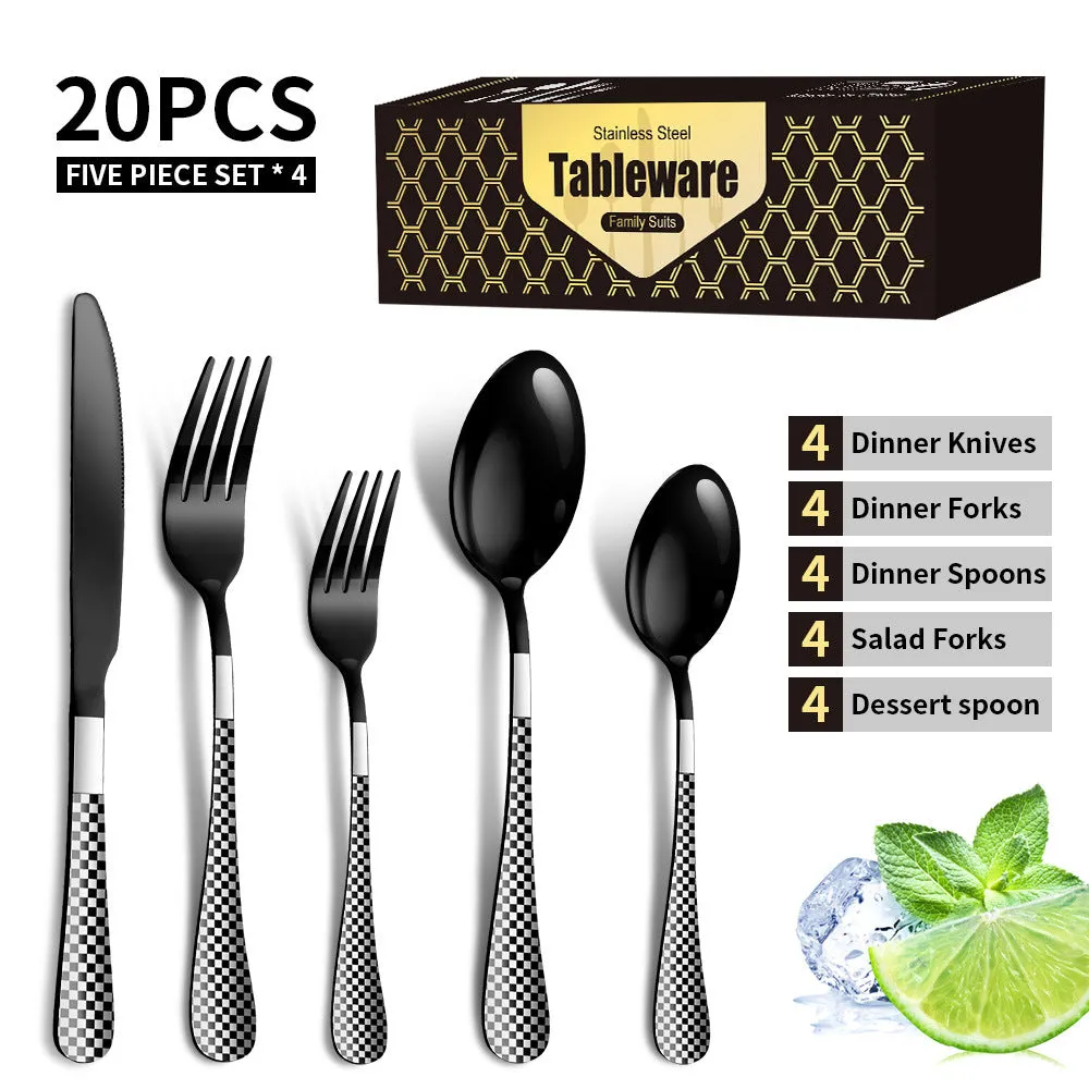 Stainless Steel Tableware Set Plaid Handle Knife, Fork and Spoon Christmas Tableware Gift Box 20-Piece Set