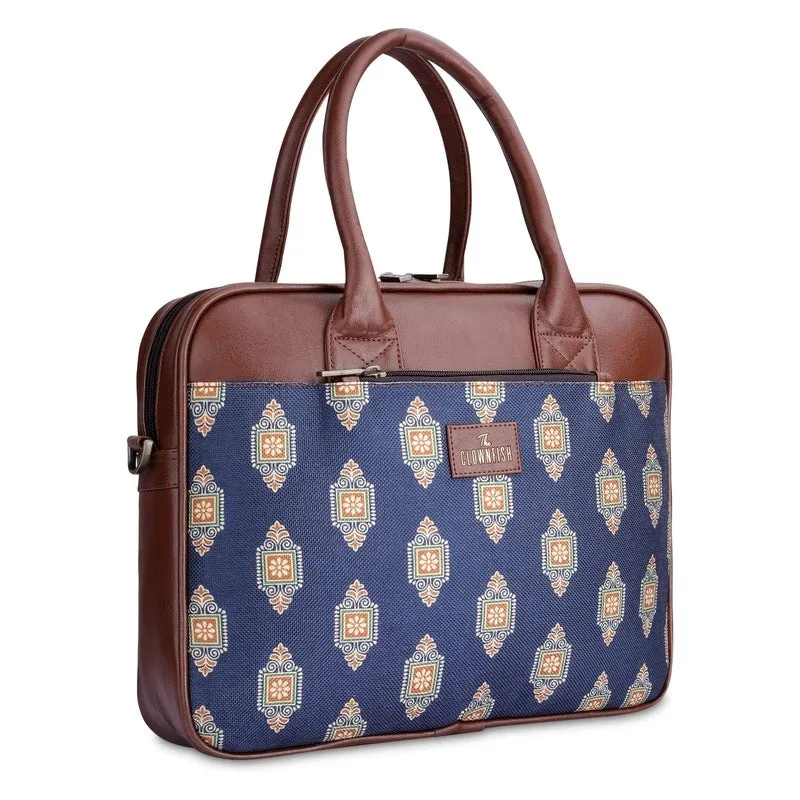 THE CLOWNFISH Deborah series 15.6 inch Laptop Bag For Women Printed Handicraft Fabric & Faux Leather Office Bag Briefcase Messenger Sling Handbag Business Bag (Dark Blue)